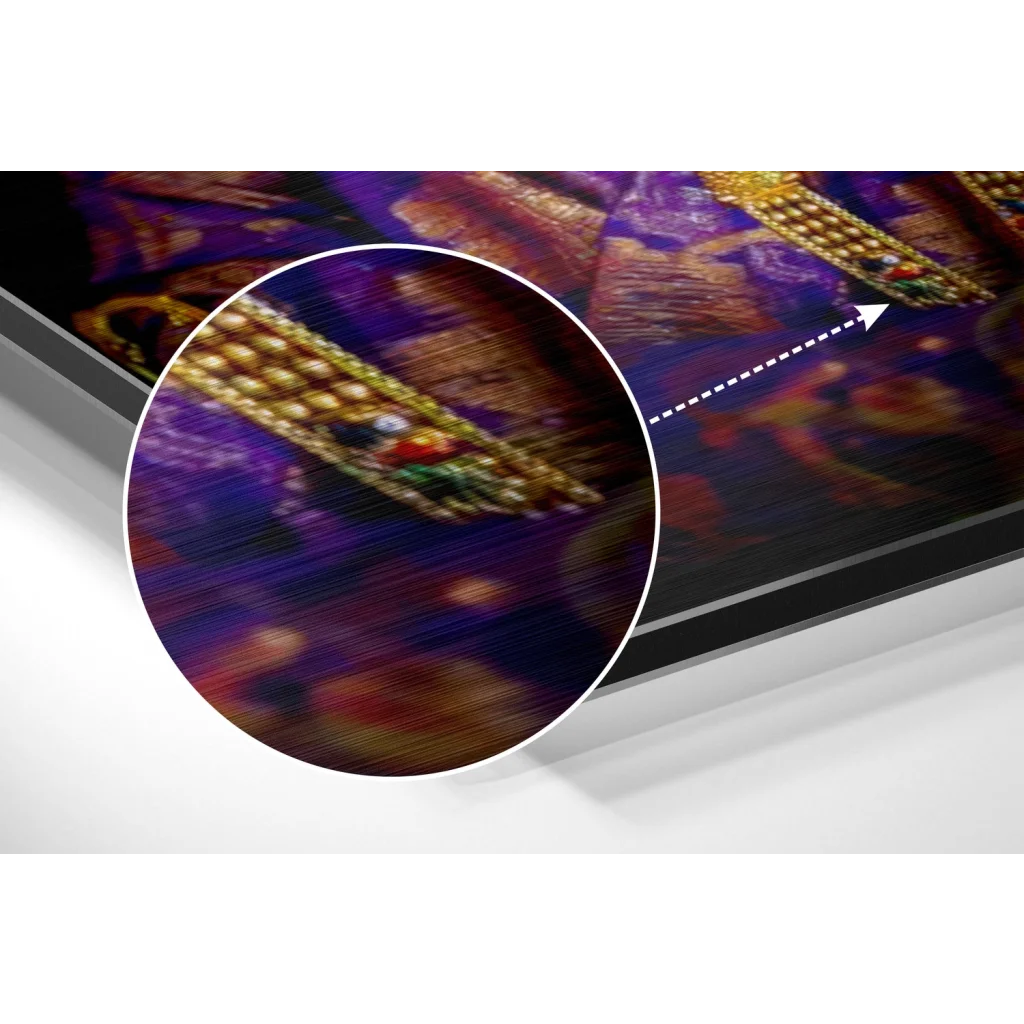 Stunning golden beaded necklace on brushed aluminium dibond deity art print