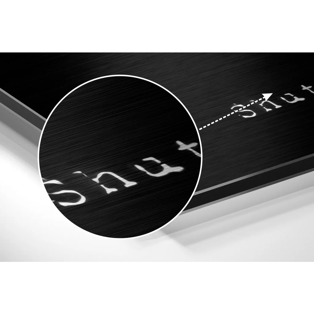 Black wooden Shut plaque on brushed aluminium dibond wall art