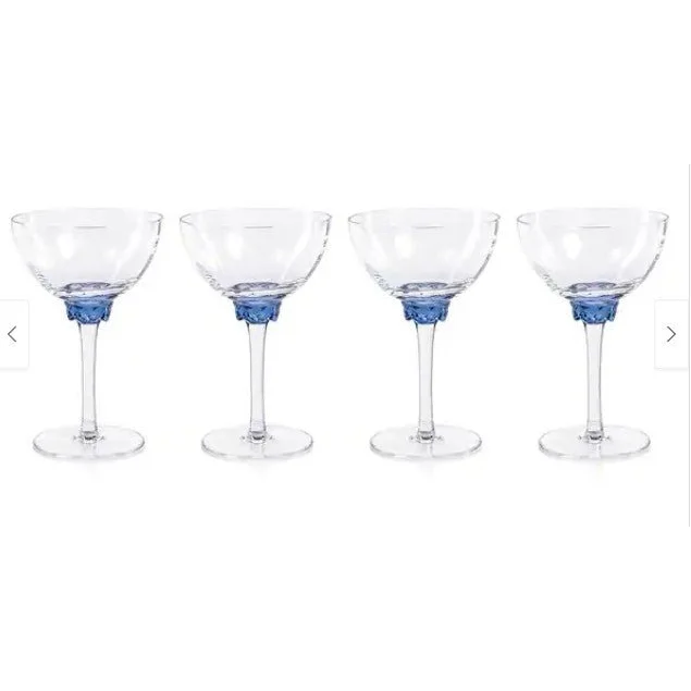 Set of four Cambrai Martini cocktail optic glasses with clear bowls and blue bases