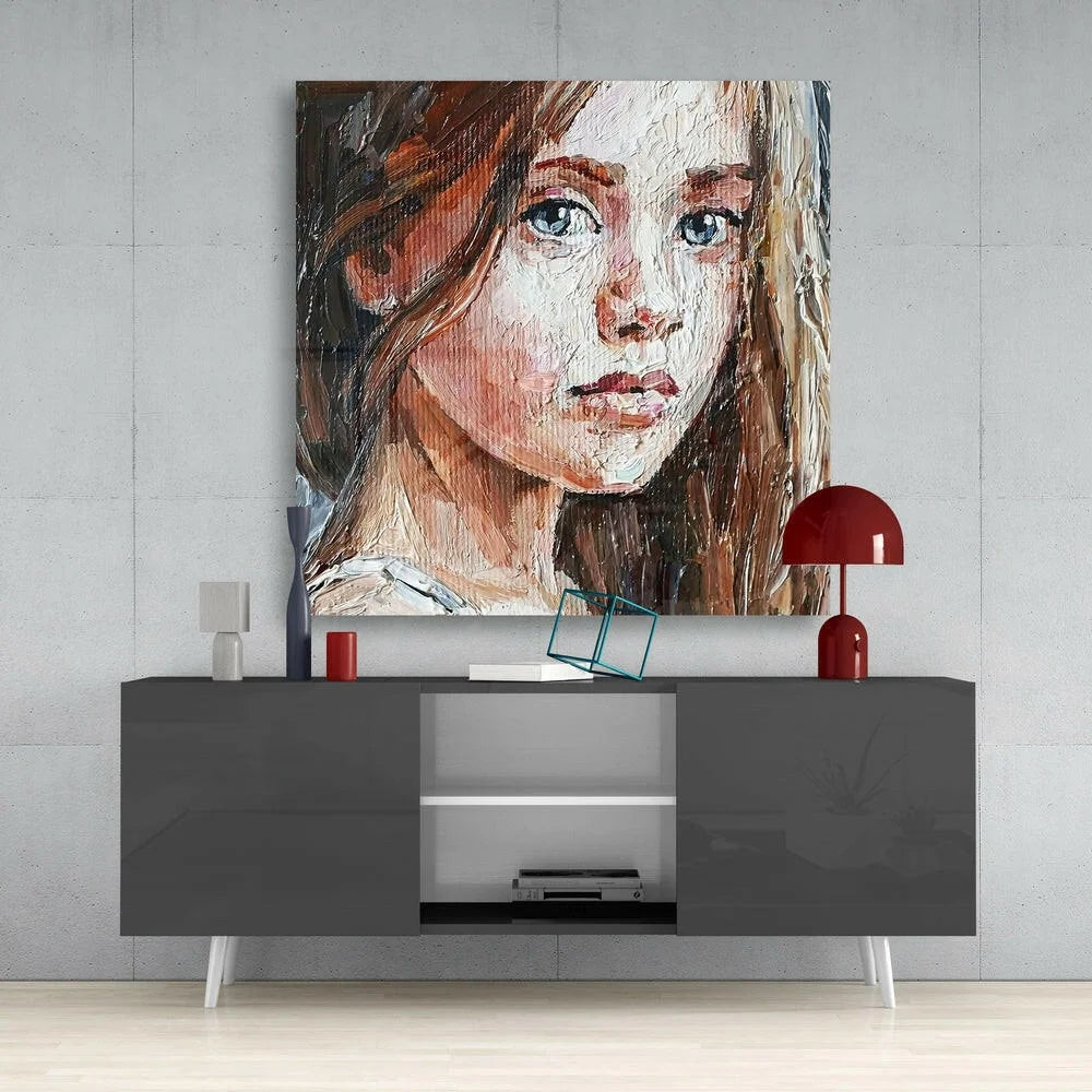 Modern gray sideboard with white legs and open storage under stunning blonde girl wall art