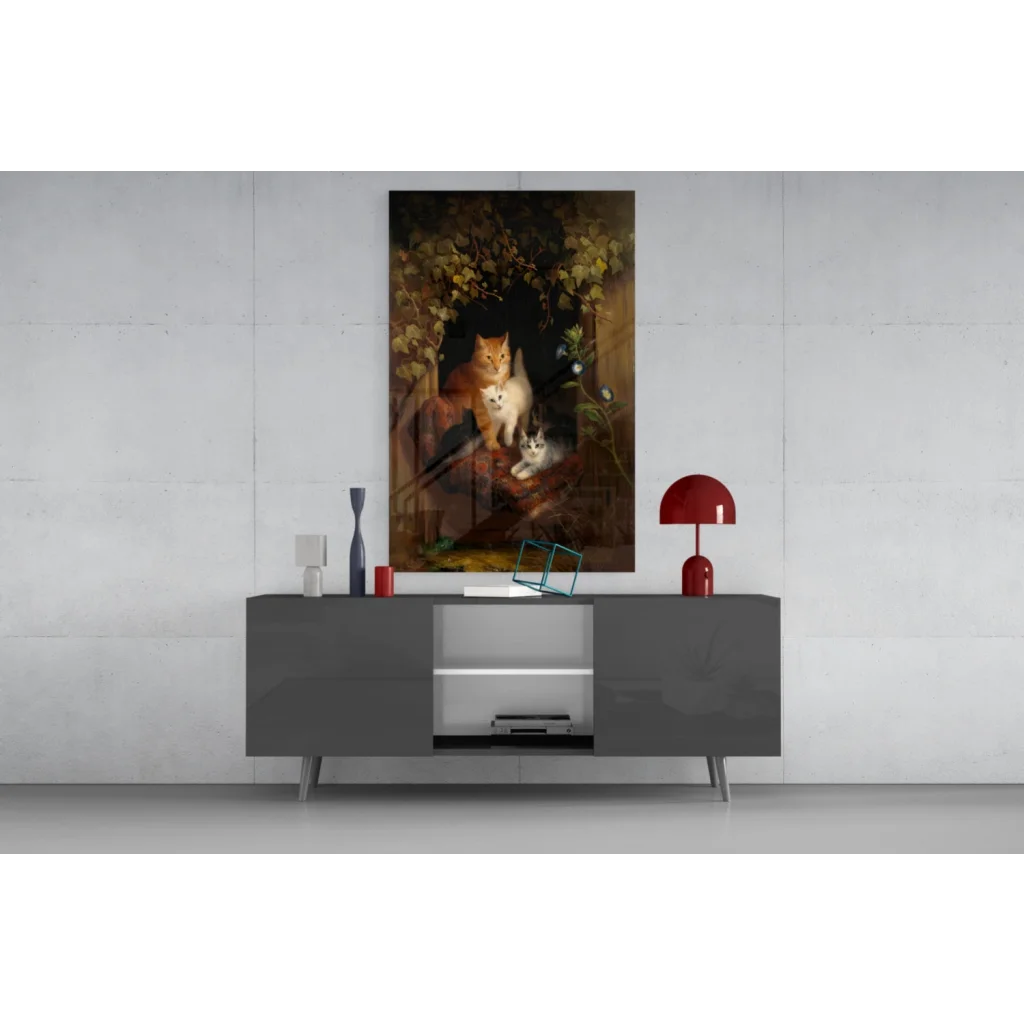 Modern gray sideboard with sleek legs and minimalist glass wall art