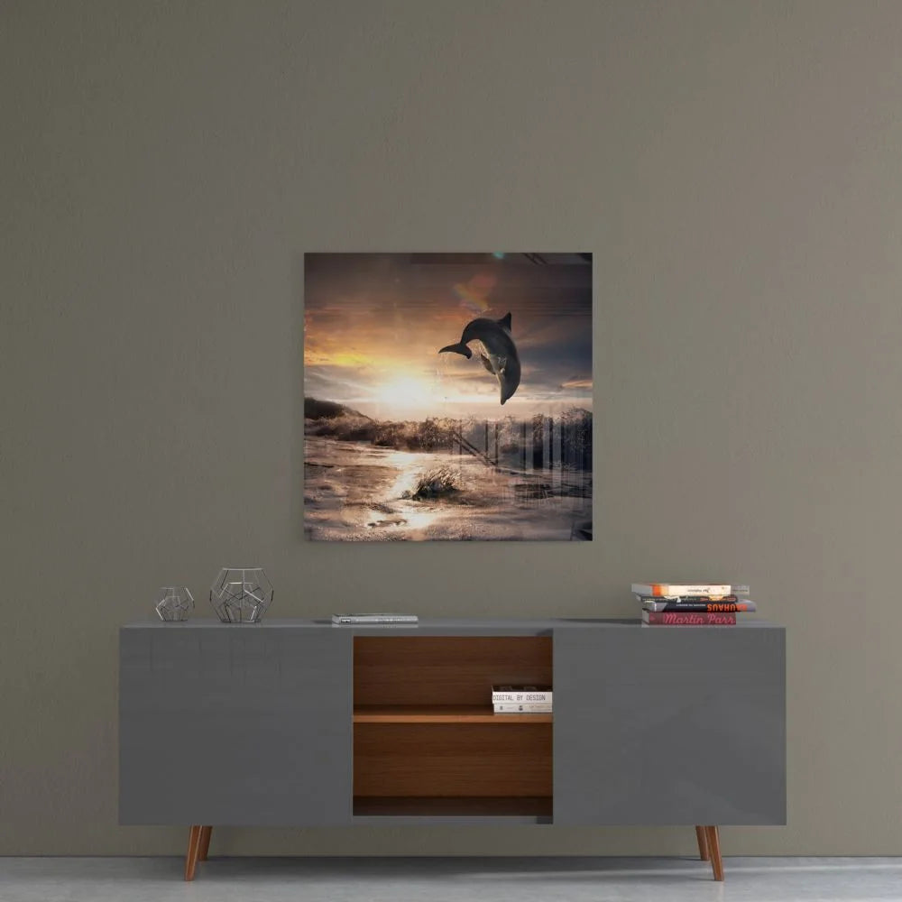 Stunning dolphin sunset tempered glass art with size comparison