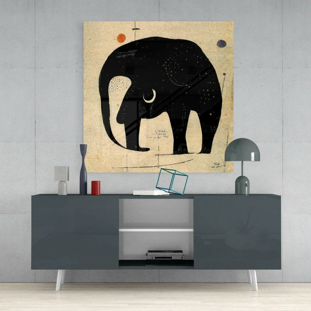 Stunning black elephant glass wall art on textured beige canvas with minimalist celestial design