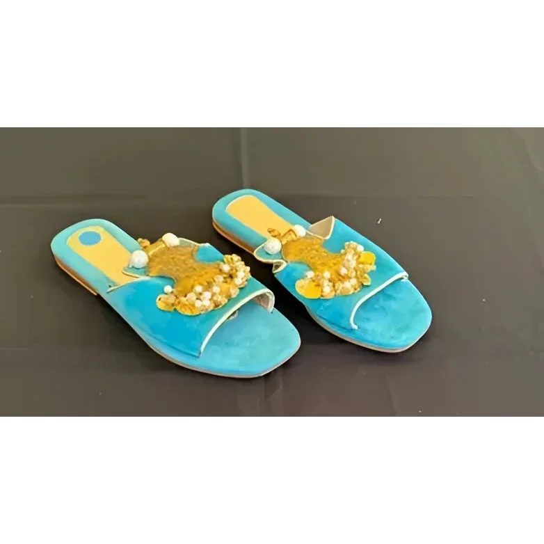 Elina Linardaki turquoise Cleopatra sandals with gold pearls and open-toe design