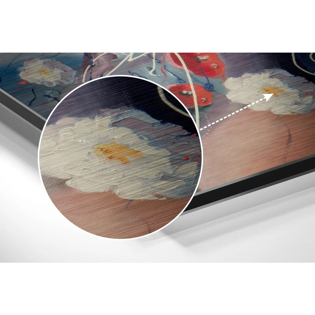 Close-up of wood-grain under stunning floral art on brushed aluminium dibond print