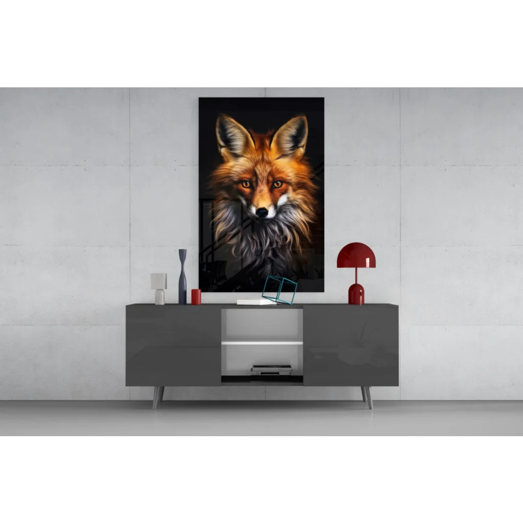 Stunning red fox wall art print on black background