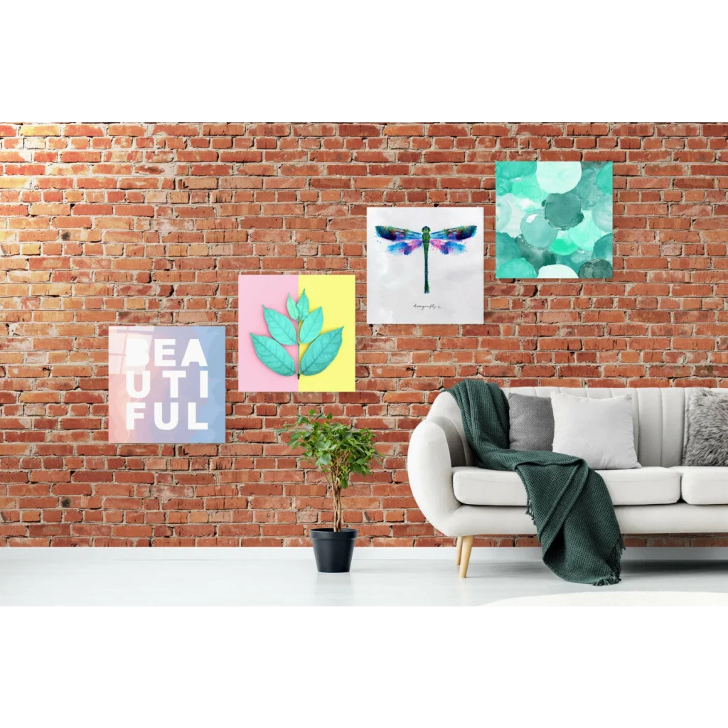 White leather sofa with green throw and stunning glass wall art