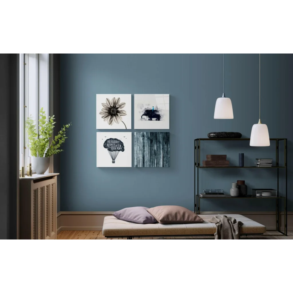 4-panel black and white glass wall art with daisy, balloon, beetle, tree designs