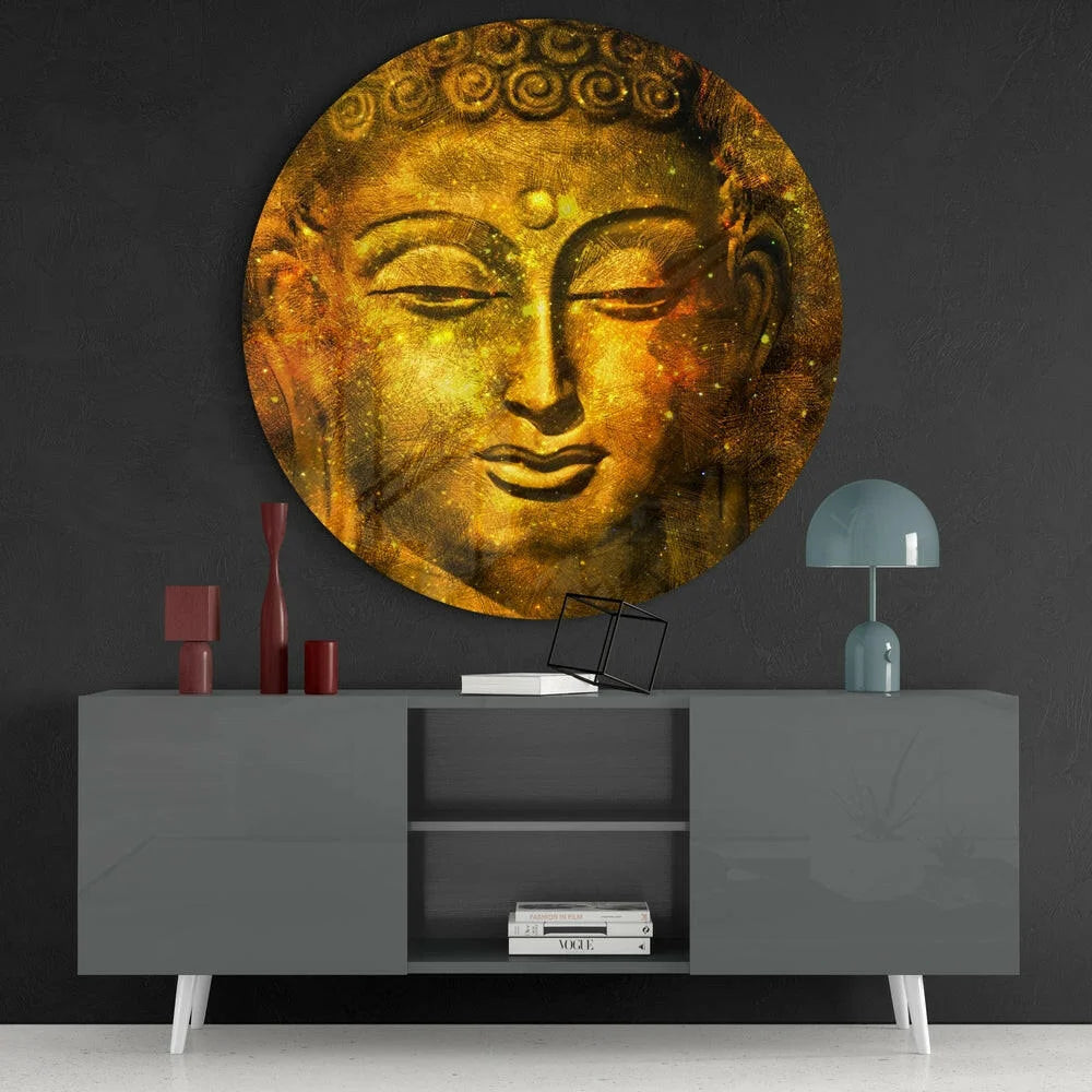Stunning golden Buddha face tempered glass wall art