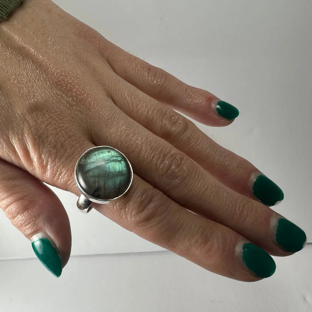 Stunning labradorite ring with iridescent blue green glow