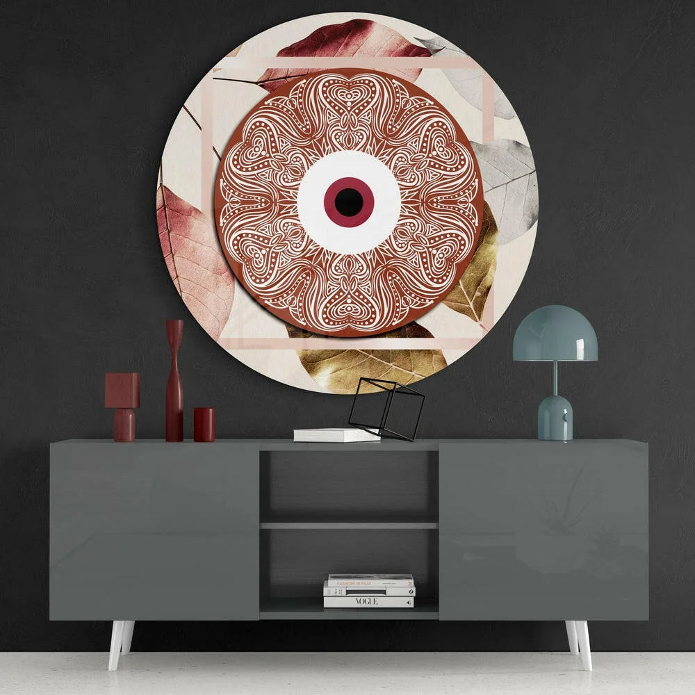 Stunning red white mandala tempered glass art with eye design above gray table