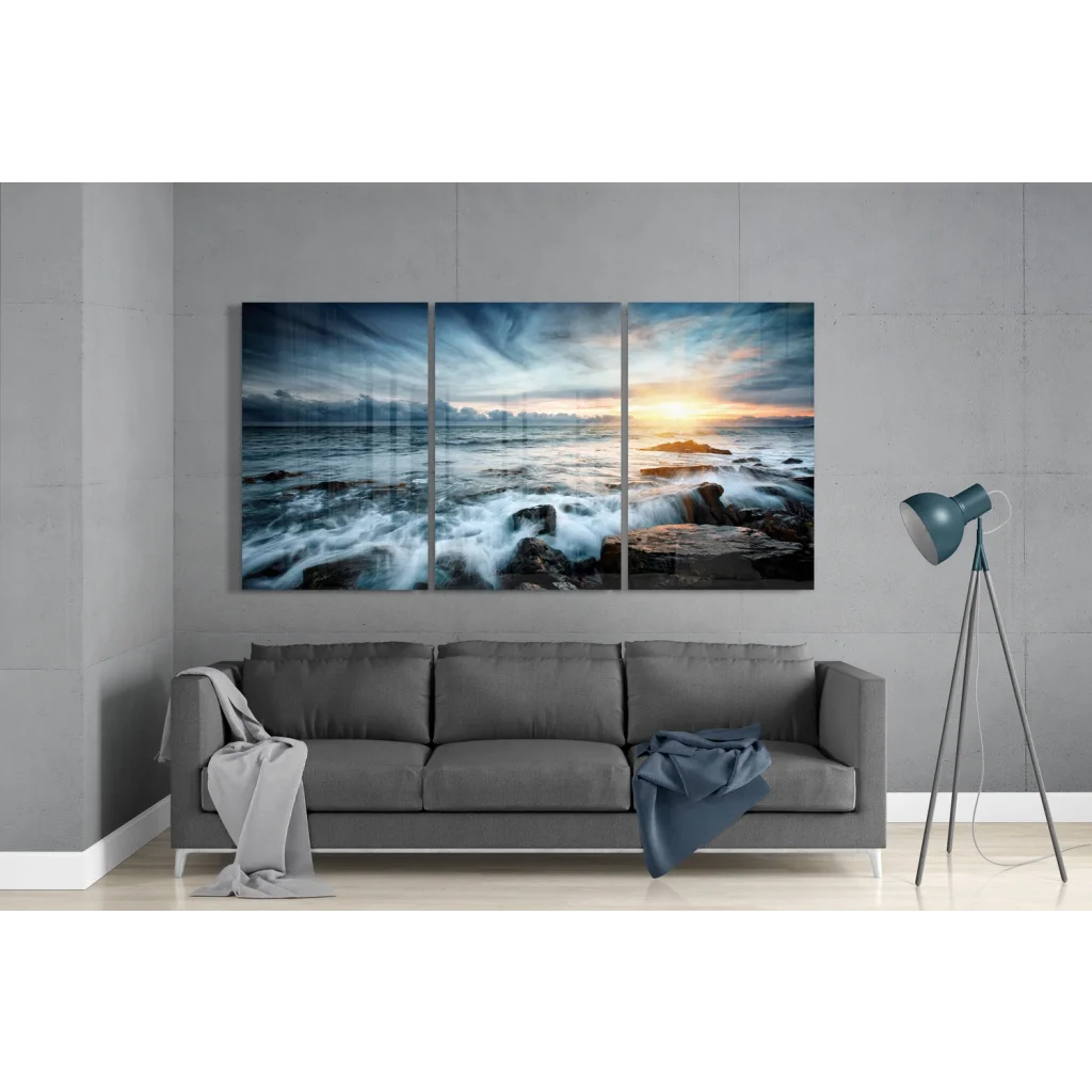 Stunning ocean sunset glass art triptych canvas print wall decor