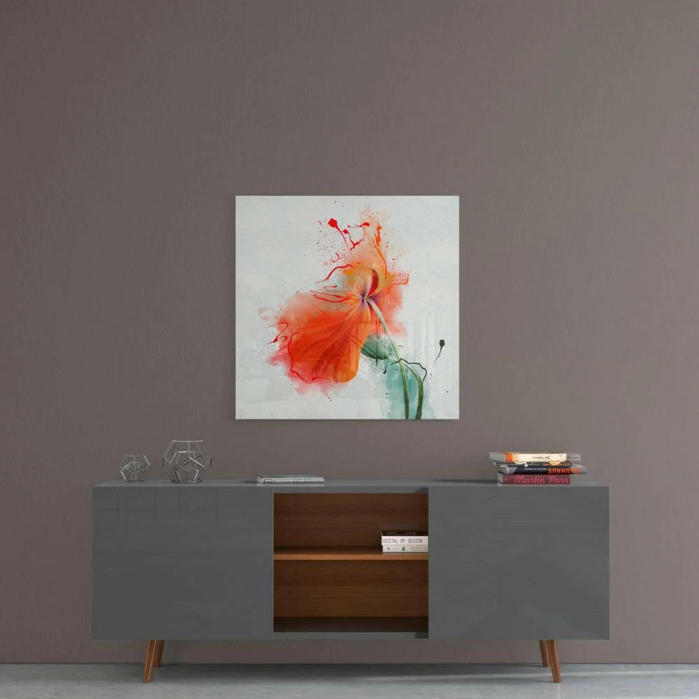 Vibrant orange poppy glass wall art with watercolor splashes on white canvas