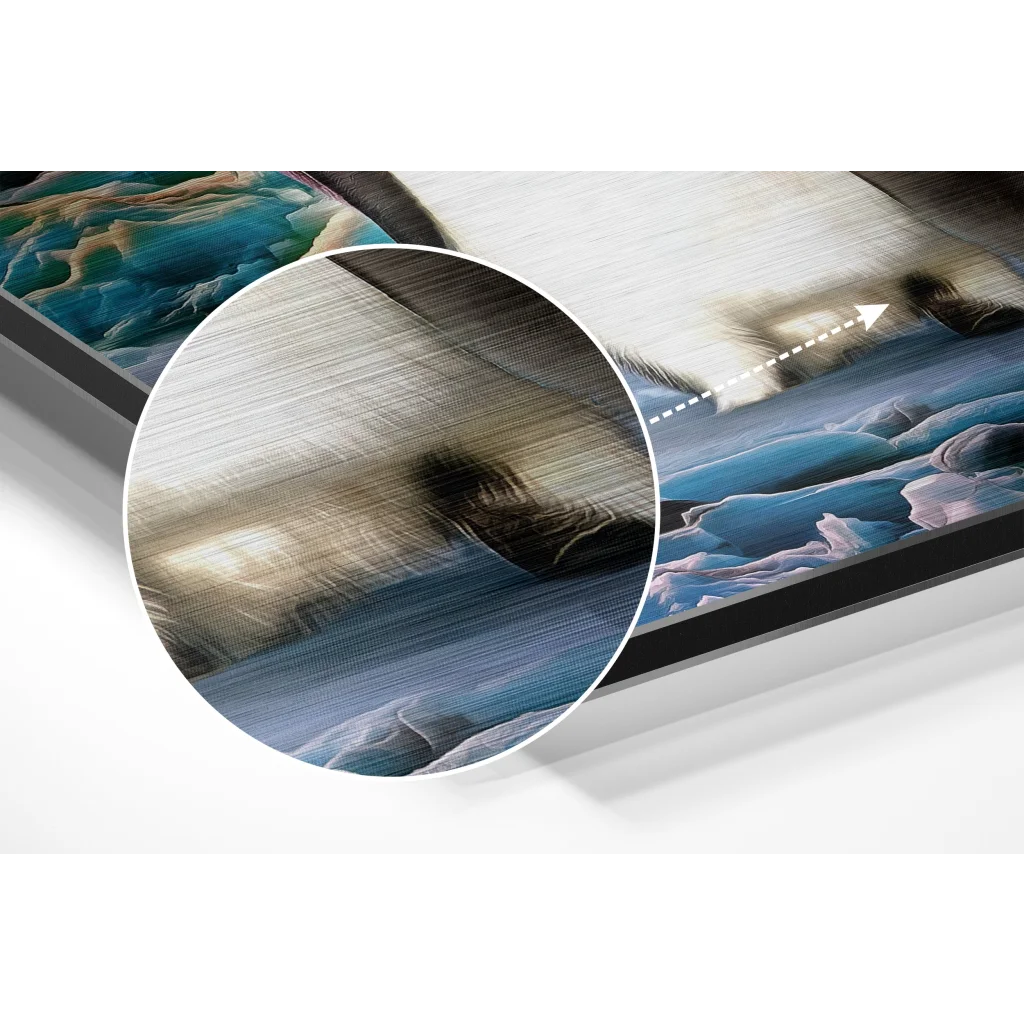 Stunning penguin art on brushed aluminium dibond print with abstract blues