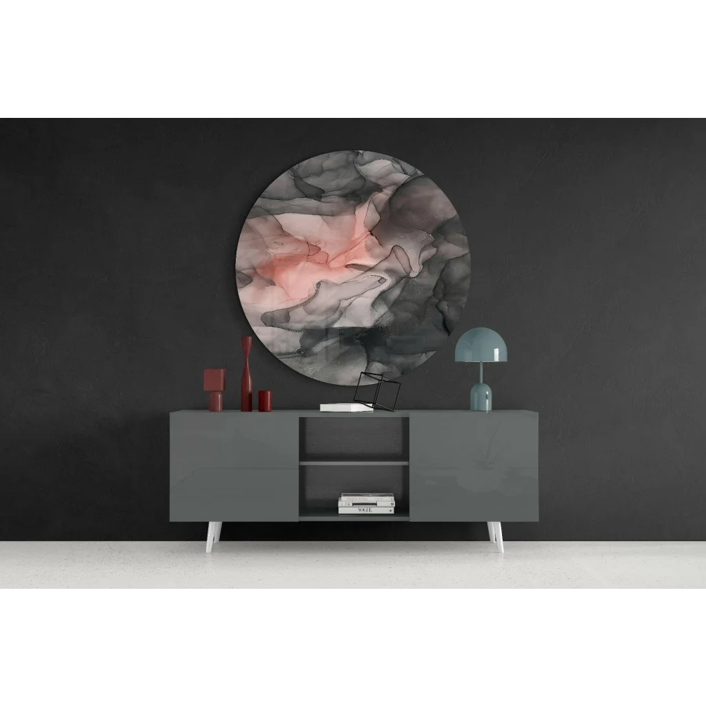 Modern gray sideboard with white legs, open shelves, and pink gray marbled tempered glass art circle