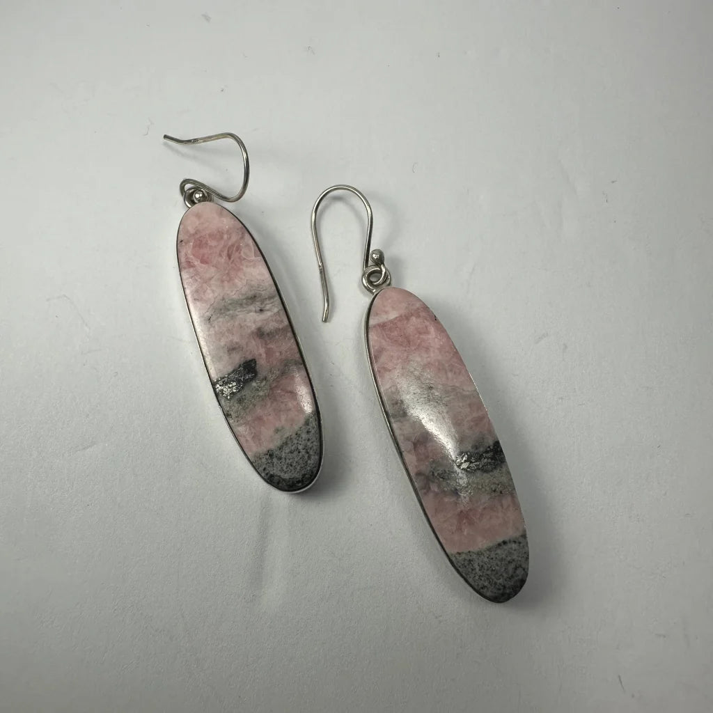 Stunning pink rhodonite earrings with gray stone and silver hooks