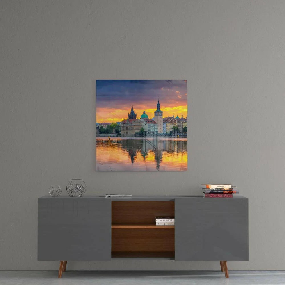 Modern gray sideboard with copper legs and open shelves for Prague sunset glass wall art