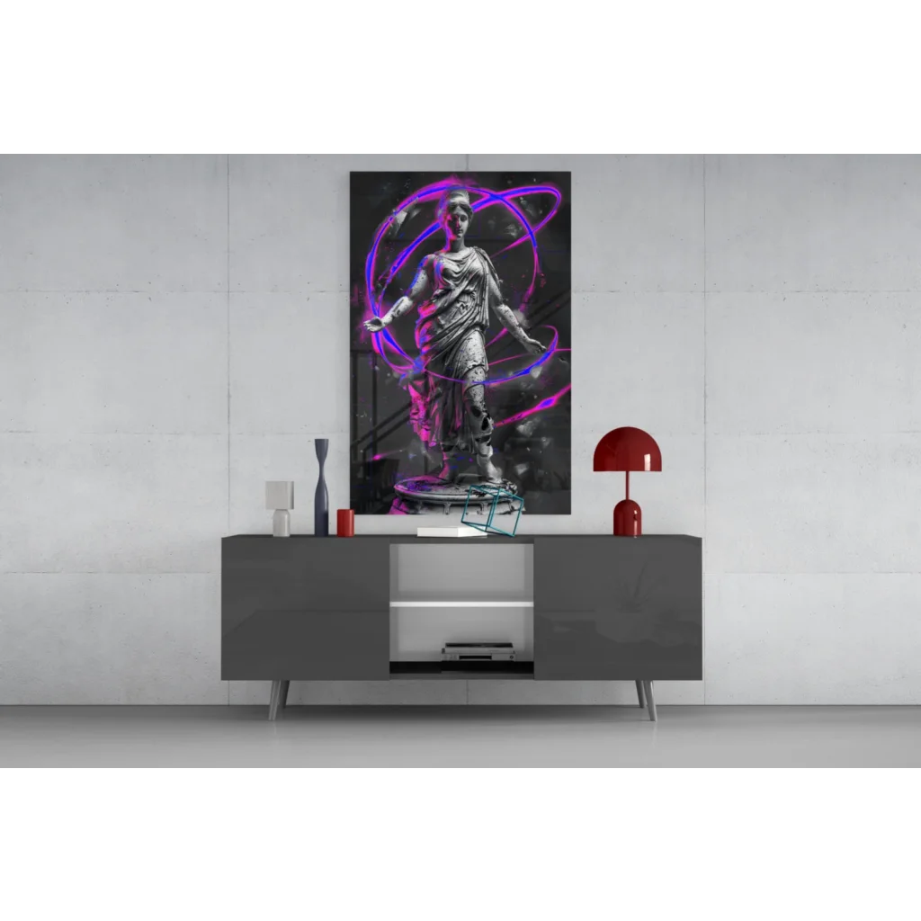 Vibrant purple neon statue glass wall art on modern gray sideboard