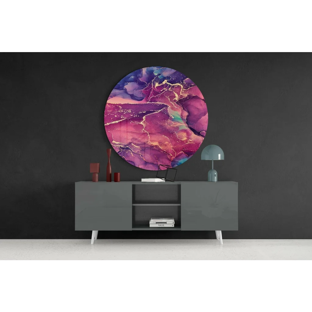 Stunning purple pink marble tempered glass art with gold accents and lightning bolt design