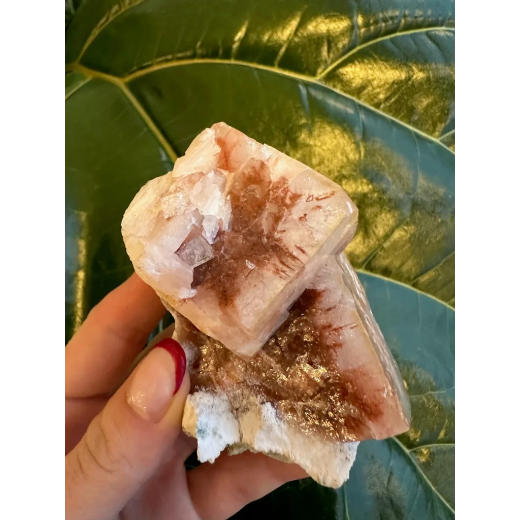 Stunning red apophyllite cube with stilbite on green leaves