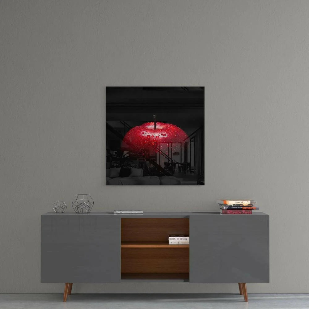 Stunning red apple glass wall art sculpture with glossy finish, water droplets, and metallic base