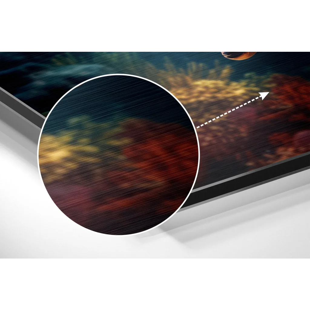 Stunning red coral brushed aluminium dibond wall art print in black frame