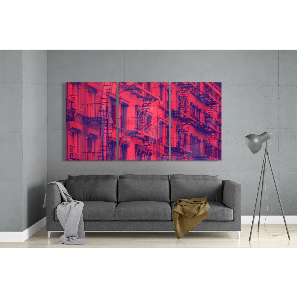 Modern red and purple abstract wall art triptych canvas set