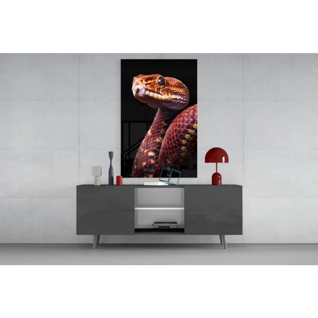 Stunning red snake glass wall art with glossy finish on black background
