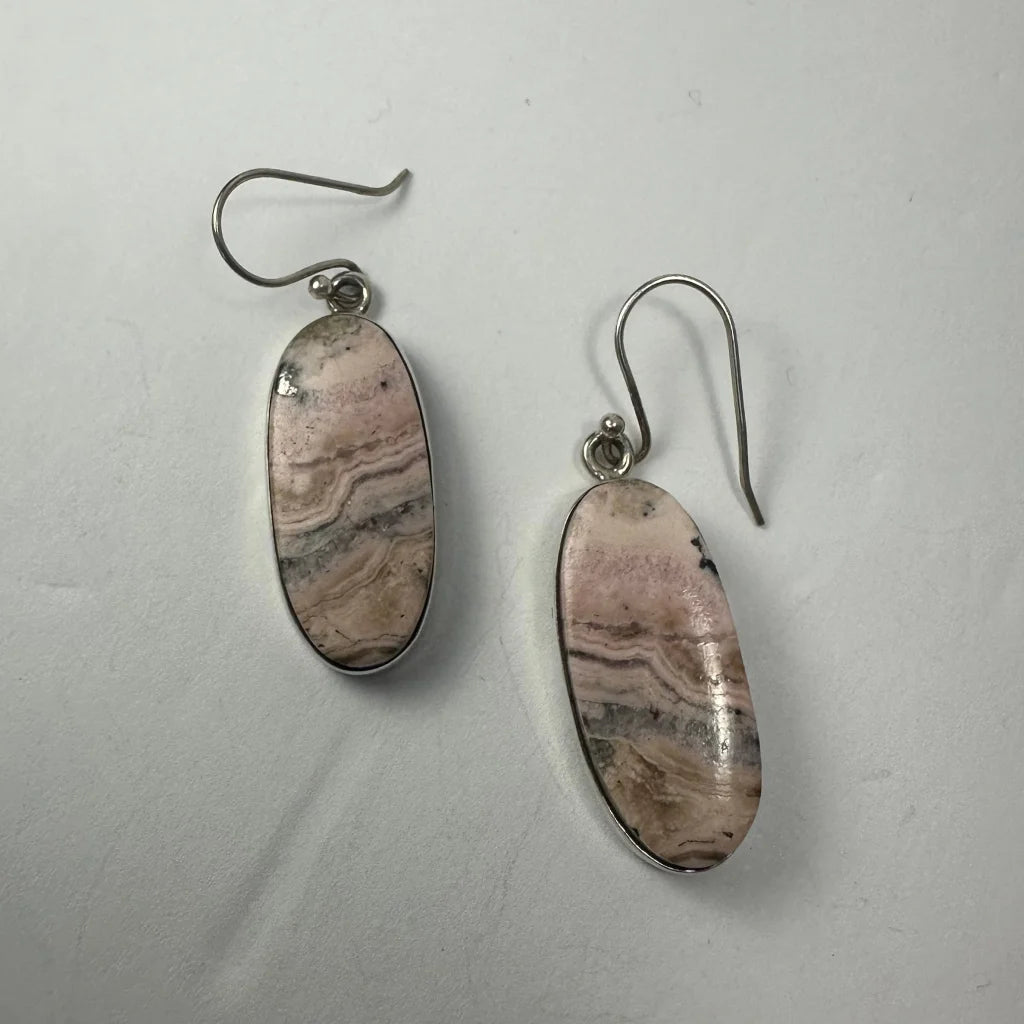 Stunning rhodonite stone drop earrings in sterling silver with pink gray stripes