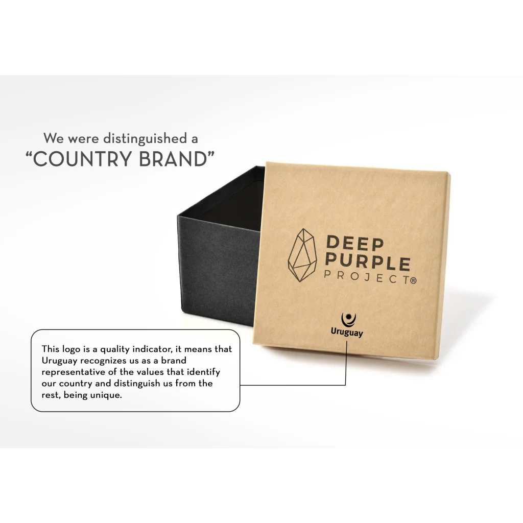 Stunning standing amethyst geode in brown kraft box with Uruguay emblem