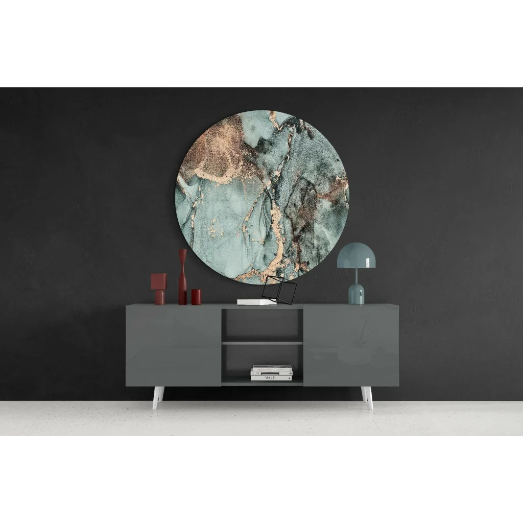 Stunning teal gold marble tempered glass art circle with swirling patterns