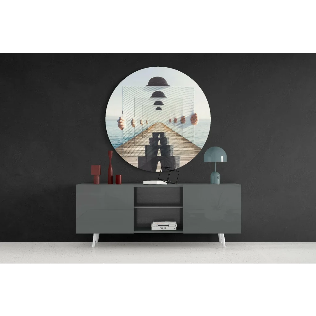 Modern gray sideboard with white legs, open shelves, and tempered glass art