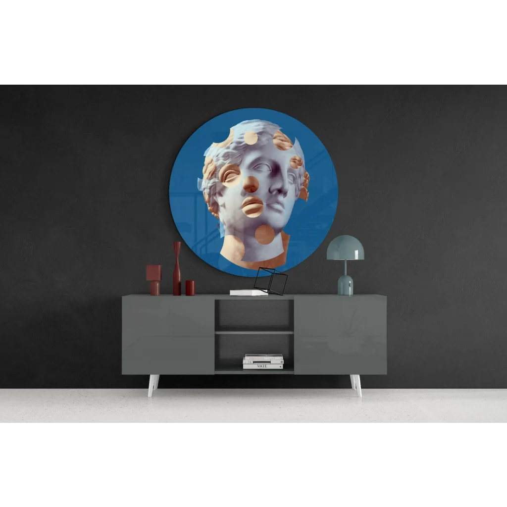 Stunning blue tempered glass art with classical statue design