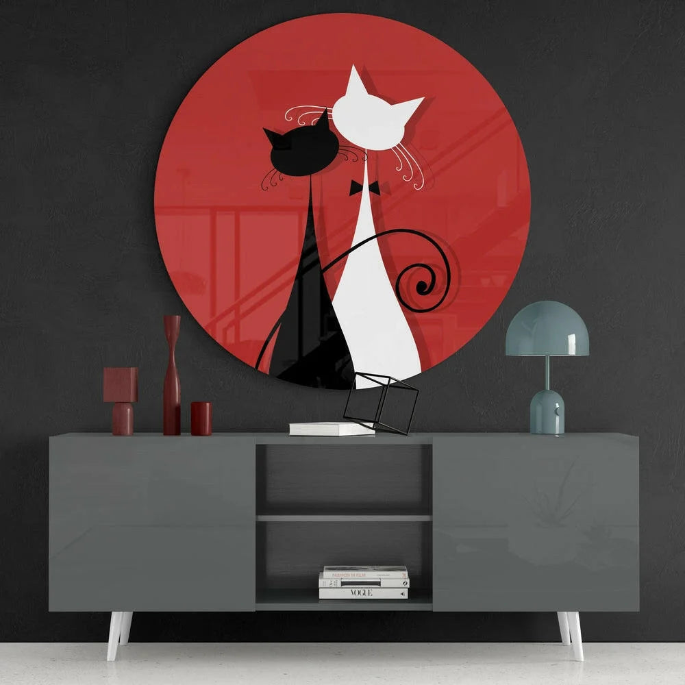 Sleek tempered glass art of black and white cats on red background