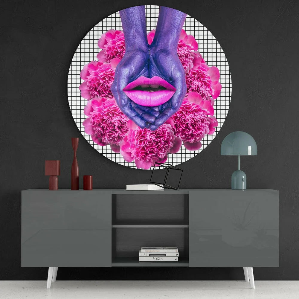 Vibrant tempered glass art of purple hands framing pink lips and peonies