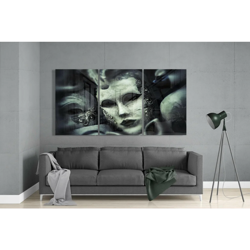 Stunning Venetian mask triptych glass wall art in black and white