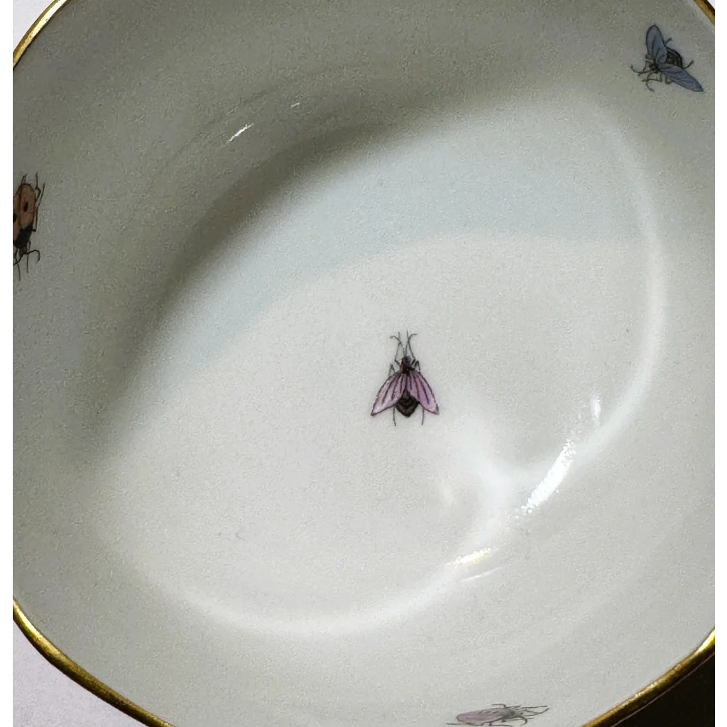 White porcelain bowl with painted insects and gold rim from vintage Herend Rothschild bird pattern