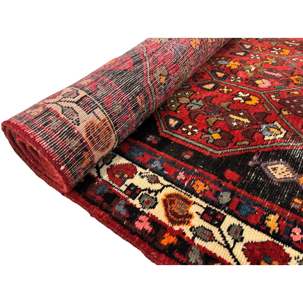 Vintage Persian Hosseinabad runner with red black floral patterns