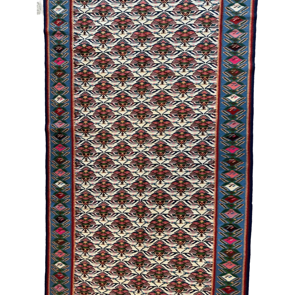 1980s Senneh runner rug from Persia, end fringe detail, hand-knotted natural wool on cotton foundation