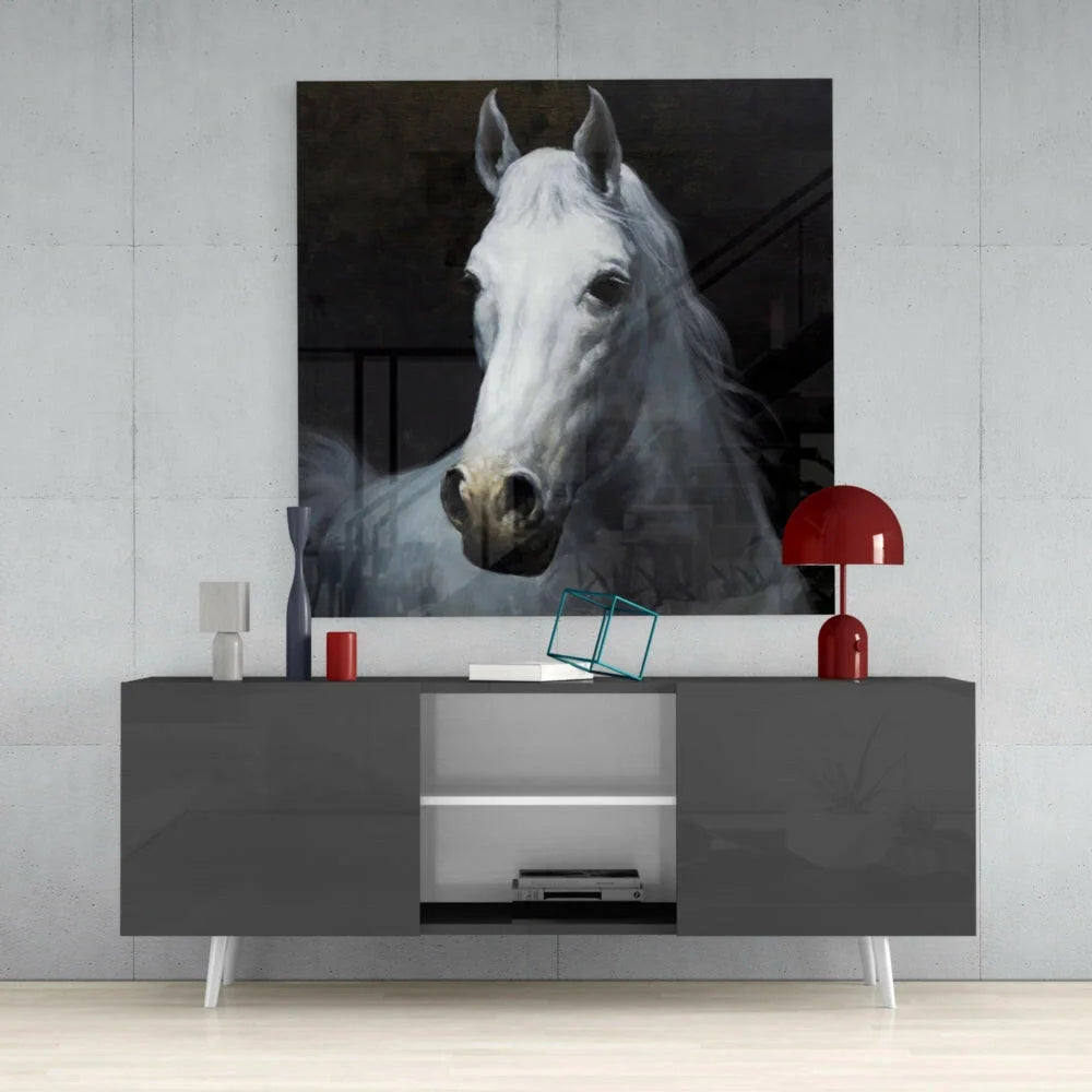 Modern gray sideboard with white legs and red lampshade glass wall art