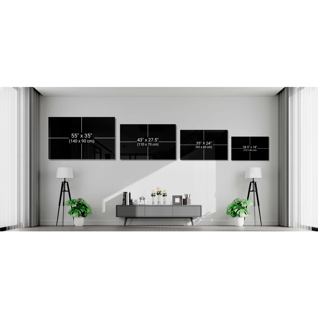 Four minimalist glass wall art prints on white wall