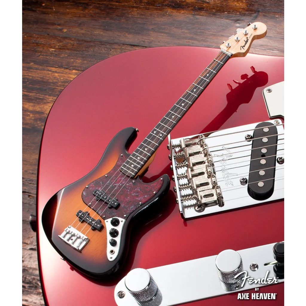 Sunburst Fender Jazz Bass Mini replica with adjustable A-Frame stand