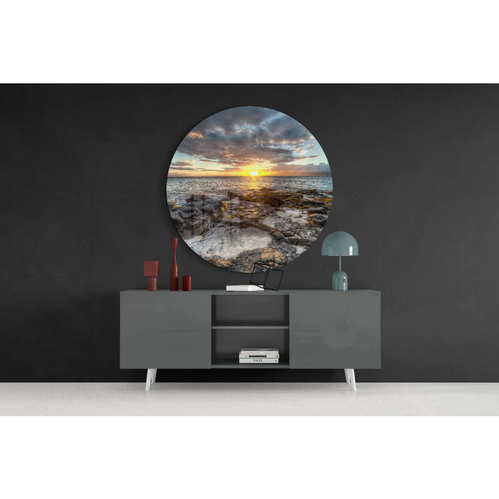 Stunning sunset ocean tempered glass art circle on dark wall