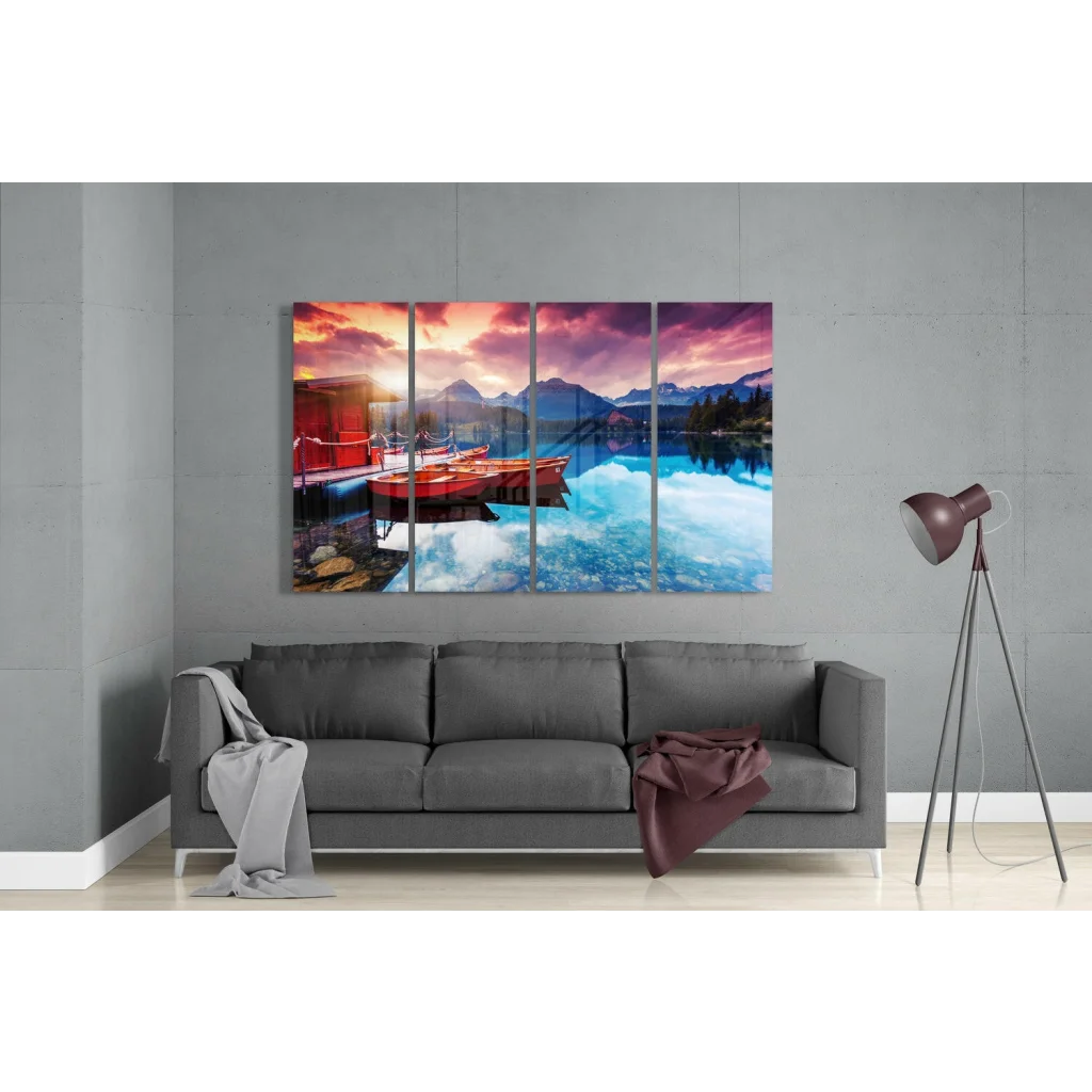 Vibrant 4-panel sunset lake wall art with red boats and mountains