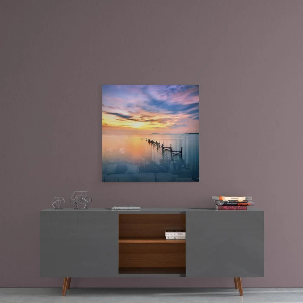 Serene sunset pier on tempered glass art for walls