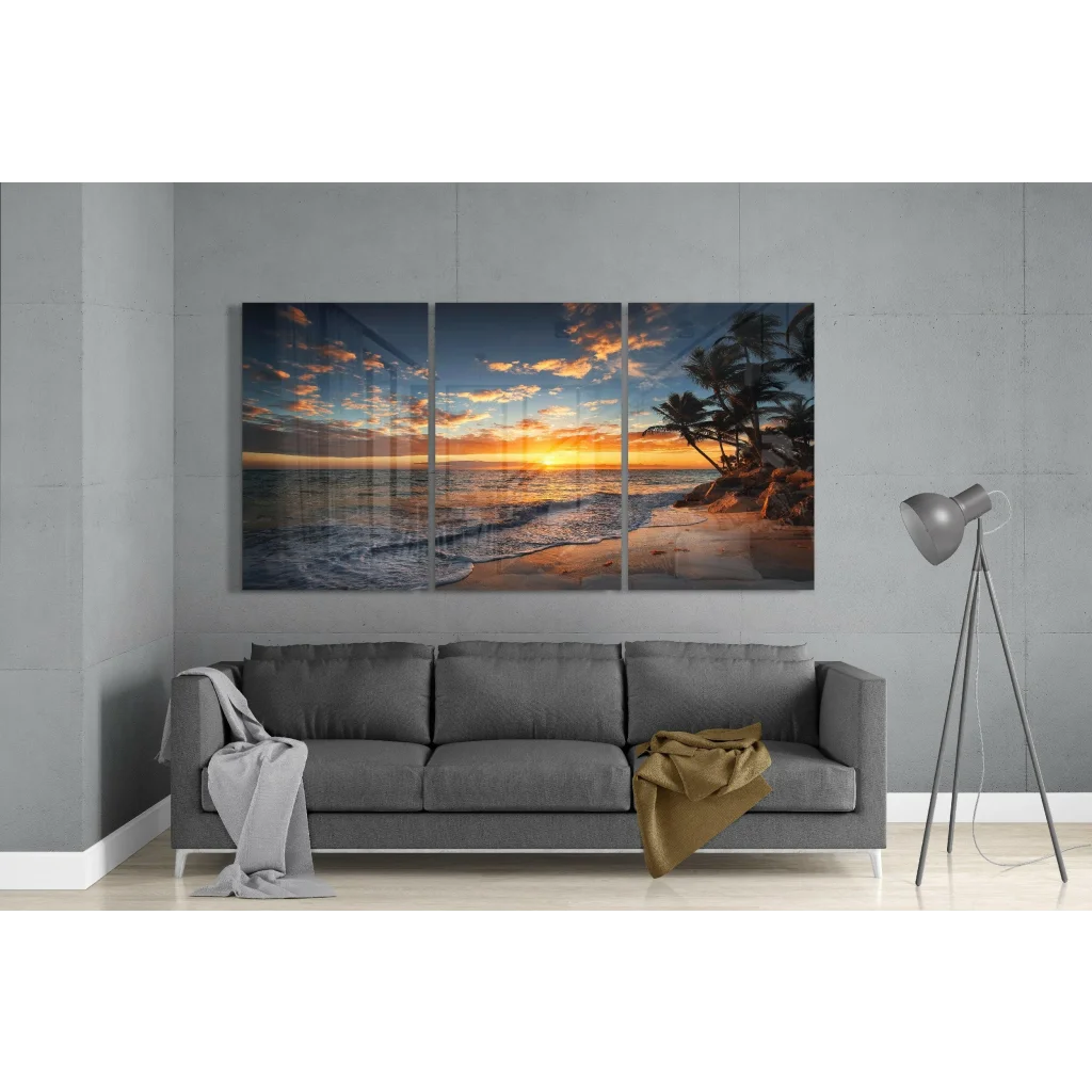 Stunning sunset beach triptych wall art with palm trees