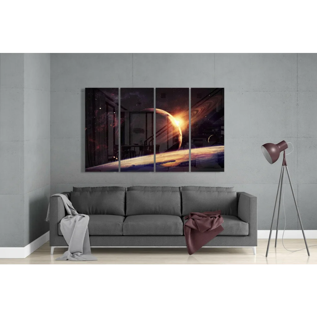 Glowing planet space wall art canvas print set with nebulae and stars