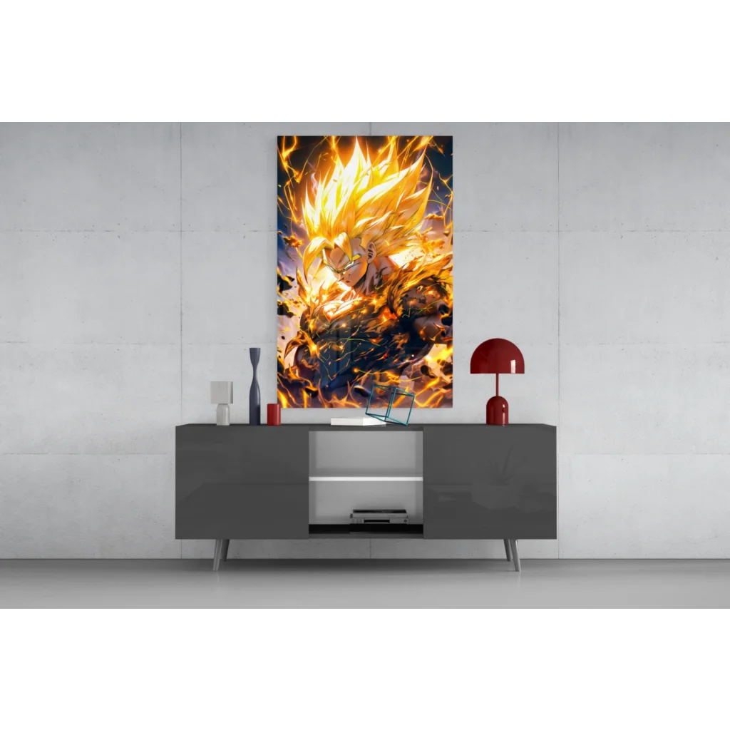Fiery Super Saiyan golden flames Dragon Ball Z glass wall art