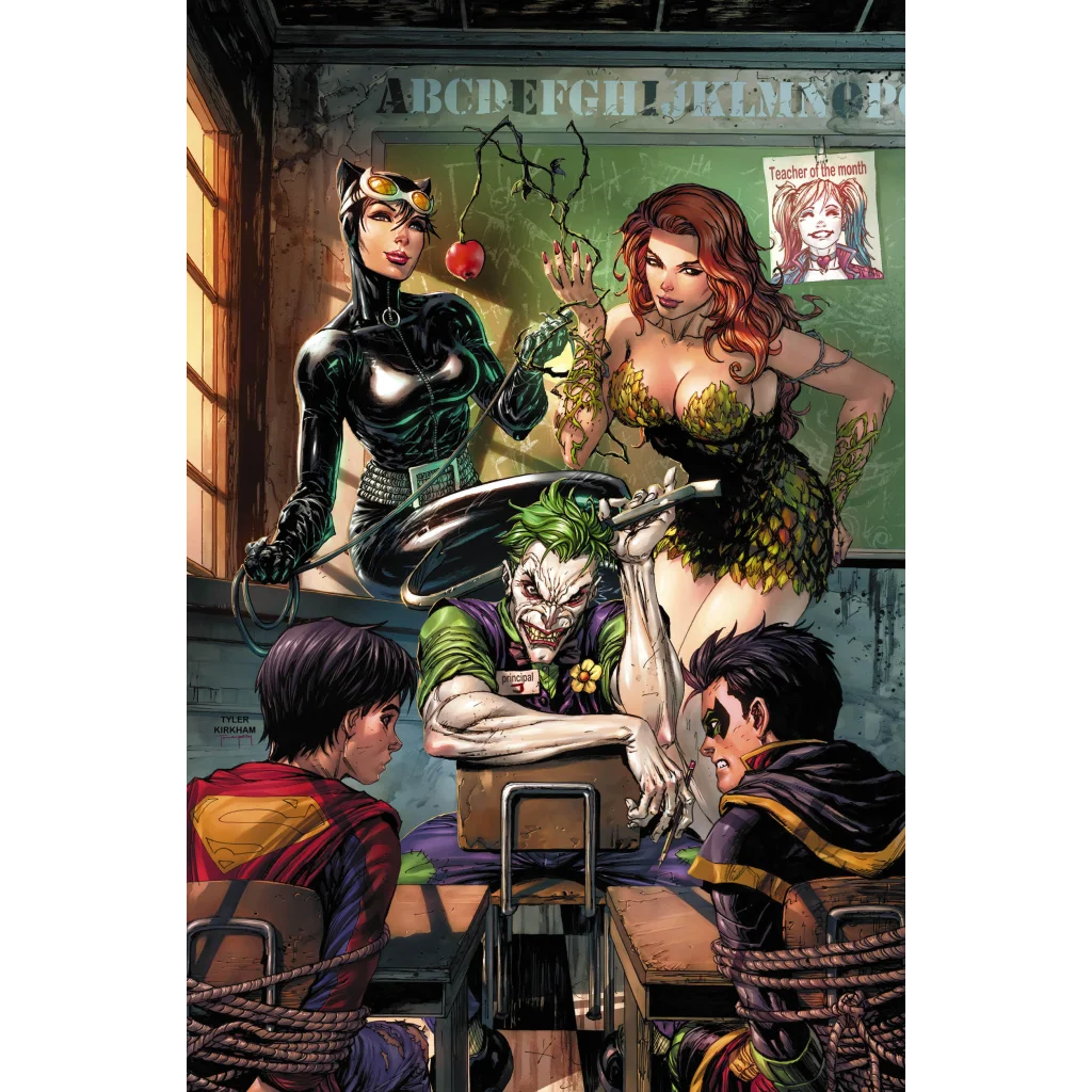 Super Sons comic cover with DC villains and heroes by Jorge Jimenez and Tyler Kirkham