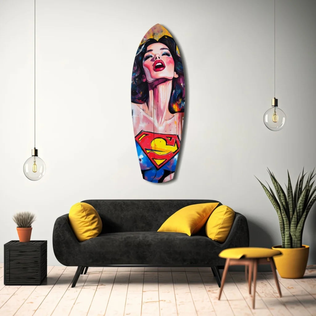 Vibrant tempered glass art of pop-art Wonder Woman with Superman logo surfboard decor